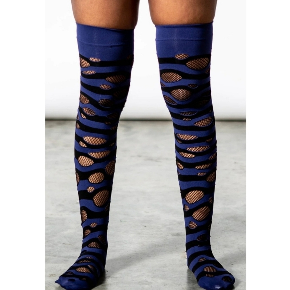 Killstar “Wretched Soul” Distressed Thigh-High Socks – Black & Midnight Blue - Picture 2 of 4